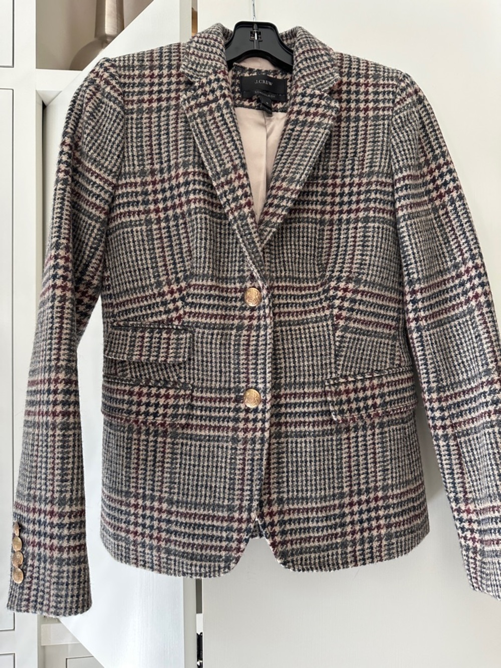 J. Crew Gray and Burgundy Plaid Wool-Blend Blazer